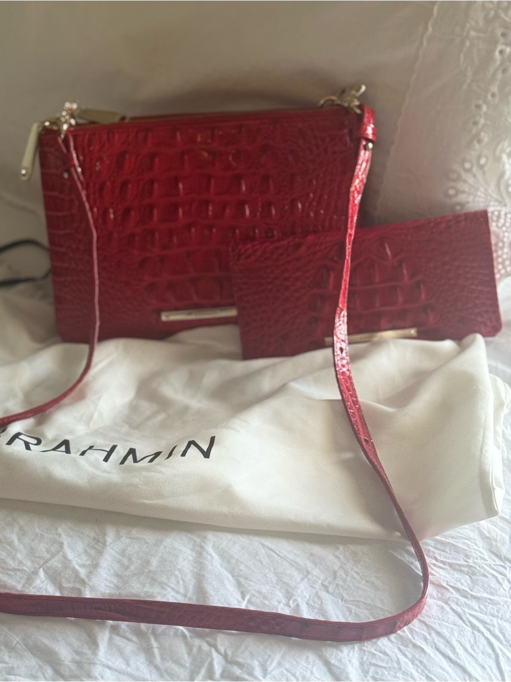 Brahmin Shiny Red Croc-Embossed Crossbody with Matching Wallet